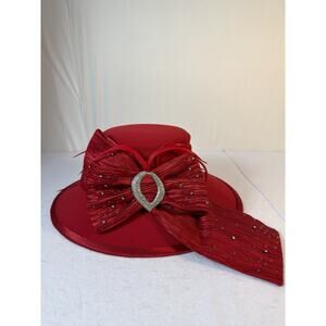 Kentucky Derby Red Statement Hat Rhinestone Bow Elegant Church Wedding
